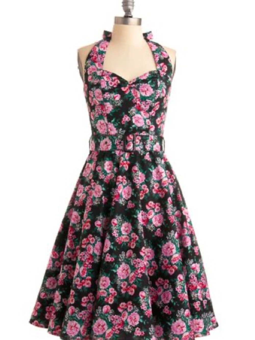 Vintage-Inspired Halter Midi Dress with Pink Floral Print on Black